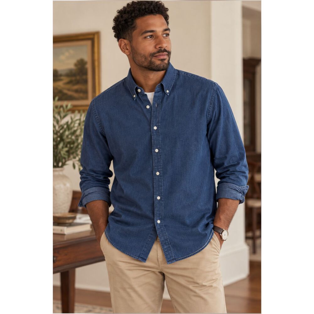 Tommy Hilfiger Men’s L Blue Denim Chambray Button Down Shirt Slim Fit Stretch